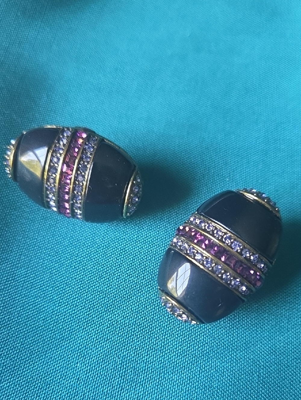 Heidi Daus Gold-Tone Black Enamal Earrings with Purple & Clear Crystals